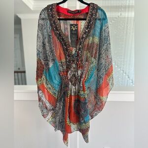 Versace Italia Colorful Patterned Kaftan with Beaded Neckline